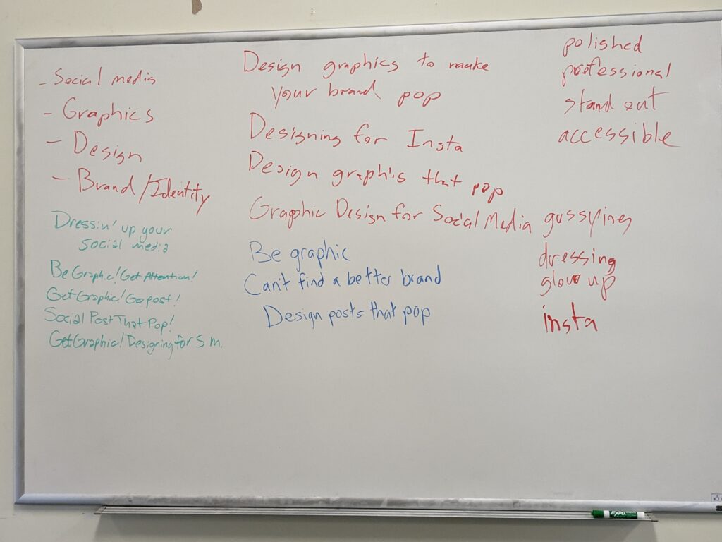 whiteboard with brainstorming words about designing graphics